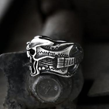 Imagem de Anel aberto de aço inoxidável com caveira de rock retrô – Design clássico de crânio de rock and roll, aço inoxidável durável, essencial para amantes de música, Aço inoxidável, Sem pedra preciosa
