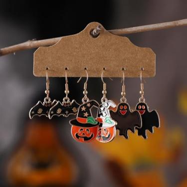 Imagem de 3 pçs/conjunto de brincos de Halloween para mulheres, moderno, gato preto, morcego, design de fantasma, brincos pendentes de gota, roupas de Halloween, acessórios de bijuteria de fantasia, 2inch, Liga