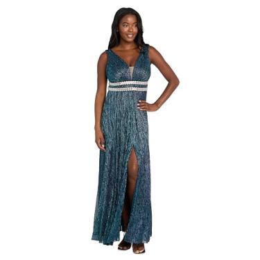 Imagem de R&M Richards Vestido maxi plissado feminino com decote em V ilusão, cintura embelezada e fenda frontal - vestido de festa e coquetel, Pavão, 40