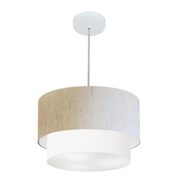 Imagem de Lustre Pendente Duplo Cilíndrico Vivare Md-4350 Cúpula Tecido 45x40cm - Bivolt Linho-bege-branco 127/220v