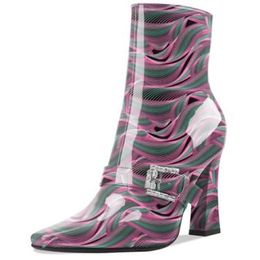 Imagem de Perisis Botas de cano curto, salto alto, grosso, preto, bico quadrado, fechado, curto, com zíper lateral, salto de 10 cm, padrão de crocodilo para mulheres e mulheres sexy, Patente Pink Waves, 35