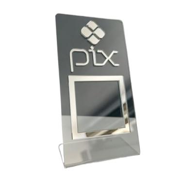 Imagem de Placa Display Pix C/Base Mesa Balcão Pagamento Qr Corde Acrilico(PRATA FUNDO TRANSPARENTE)