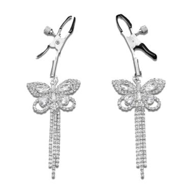 Imagem de Kokoma Anéis femininos falsos para mamilos grampos de mamilo brilhantes strass borboleta pingente gota borla CZ sutiã corrente corporal sem piercing pingente mamilos acessórios de roupas sexy joias