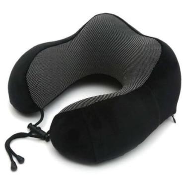 Imagem de Almofada de Pescoço para Viagem, Travesseiro Cervical Para Pescoço em Tecido Preto, Design Ergonômico com Cordão Ajustável