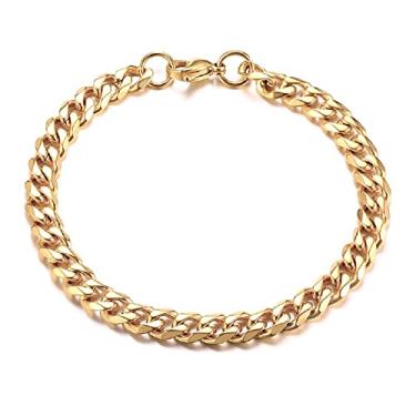 Imagem de Rockyu Pulseira masculina de aço inoxidável banhado a ouro 14K corrente cubana 8,3 polegadas (21 cm) hip hop hipoalergênico fechos lagosta presente de aniversário
