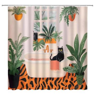Imagem de UOZXOML Cortina de chuveiro de gato engraçada, boho, fofo, divertido, gatinho preto, na banheira, folhas tropicais, verde, estampa de leopardo, tecido para decoração de banheiro, cortinas com ganchos