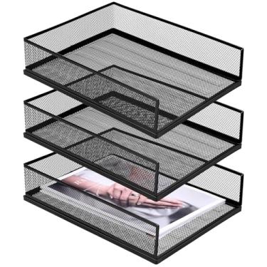Imagem de 3 bandejas de metal preto para cartas, bandeja de papel empilhável de 3 camadas, organizador de mesa de malha de metal, organizador de malha de arame único, suporte de papel para arquivo de