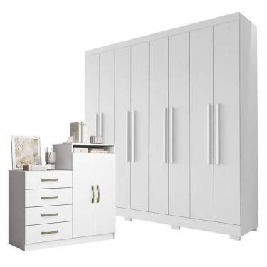 Imagem de Guarda Roupa Casal Porto 8 Portas 4 Gavetas E Cômoda Sapateira Londres Branco Brilho – Aramóveis