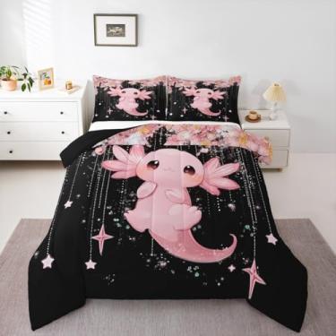Imagem de Conjunto de edredom solteiro com estampa de flor de estrela, kawaii, azul oceano, tritão, salamandra, para crianças, meninas, meninos, animais marinhos, salamandra, rosa, decoração de quarto