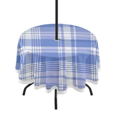 Imagem de Qilmy Toalha de mesa redonda à prova d'água com estampa xadrez azul 152 cm com orifício para guarda-chuva e zíper – uso externo / interno resistente para pátio, churrascos, piqueniques, festas (serve