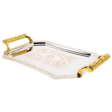 Imagem de Amosfun Bandeja vintage de aço inoxidável para frutas secas, elegante e decorativa, para armazenamento de joias domésticas, servir sobremesas, design floral dourado