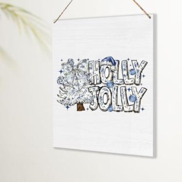 Imagem de Chinoiserie Placa de decoração de Natal azul Natal decorações presentes para mulheres homens bonito azevinho alegre parede porta pendurado decoração placa para casa escritório cozinha banheiro quarto