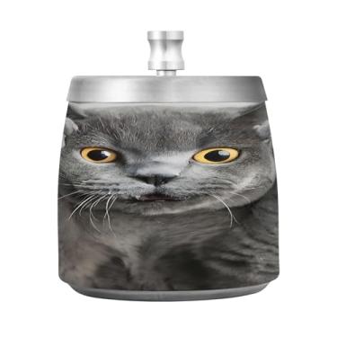 Imagem de JUZIHAI Cinzeiro de gato cinza assustado com tampa, bandeja de cinzeiro de aço inoxidável inodoro à prova de vento cinzeiro sem fumaça para escritório em casa, pátio, varanda, fumar cigarros