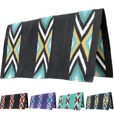Imagem de Majestic Ally Cobertor de sela ocidental, design de diamante Canyon, lã da Nova Zelândia, aderência de cavalo tecida à mão, 91 x 86 cm (turquesa preta)