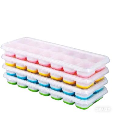 Imagem de Kit 4 Formas de Gelo Silicone Com Tampa Rígida Flexível Fundo Retangular 14 Cubos Multiuso Lavável