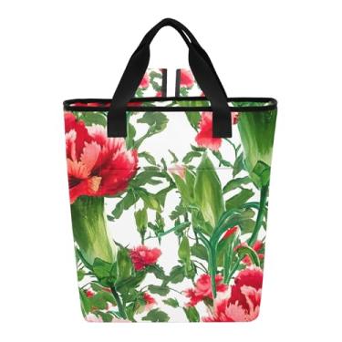 Imagem de Joitme Sacos térmicos de folhas verdes com cravos florais vermelhos isolados 36 latas para almoço para mulheres isoladas 34 x 15 x 40 cm