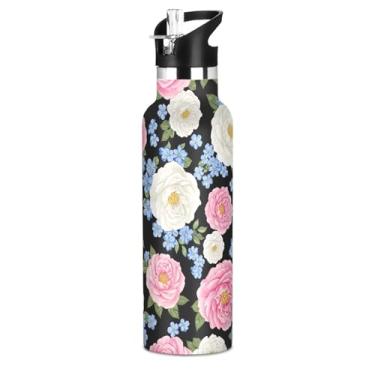 Imagem de Joisal Garrafa de água de aço inoxidável isolada de 590 ml com tampa de canudo para bebidas frias ou quentes, rosa floral branco azul estampas sem BPA copo à prova de vazamento copo de viagem meninos