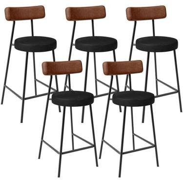 Imagem de Kit 05 Banquetas Baixa Cozinha Sala Jantar Bancada Milão L02 Couríssimo Marrom Preto - Lyam Decor