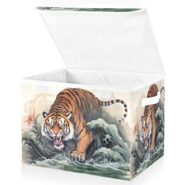 Imagem de Blueangle Cestos de armazenamento Tiger Wave com tampas, 42 x 32 x 30 cm, grande cesta organizadora dobrável para decoração de casa e escritório (30)