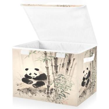 Imagem de Blueangle Cestos de armazenamento de bambu panda chinês com tampas, 42 x 32 x 30 cm, grande cesta organizadora dobrável para decoração de escritório e armário (253)