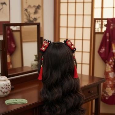 Imagem de Faixa de cabelo infantil estilo chinês Hanfu argola de cabelo de ano novo peruca rabo de cavalo flor borla acessórios de cabelo