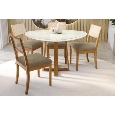 Imagem de Sala Jantar Mesa Elma Premium Madeira Maciça c/ Tampo Madeirado c/ Vidro 135x105cm e 4 Cadeiras Lola Carvalho/Off White - Boucle Bege Fendi-Kappesberg