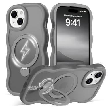 Imagem de Amzfield Capa para iPhone 13 para iPhone 14 com suporte magnético giratório de 360° [compatível com MagSafe] linda moldura ondulada translúcida fosca rígida à prova de choque com suporte de anel
