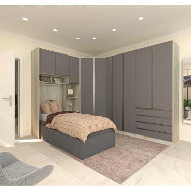 Imagem de Guarda Roupa Canto Solteiro Prime Plus 10 Portas de Bater 12 Gavetas MDP Legno Crema com Cinza Puro Luciane Moveis