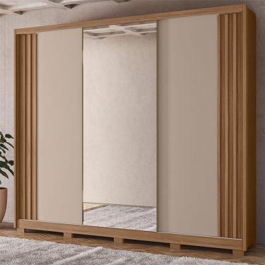 Imagem de Guarda Roupa Casal Ambiente Arizona 3 Portas de Correr 6 Gavetas MDP Carvalho Fendi com Espelho Moval Móveis