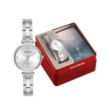 Imagem de Kit Relógio Feminino Mondaine Coleção Fé Prata 50m 32964L0MKNE2K1