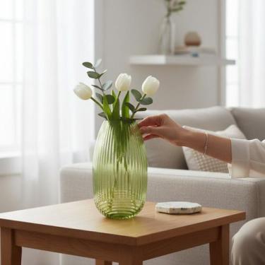Imagem de Vaso Vidro Verde Translúcido Canelado Decorativo Alto 30cm - Btc