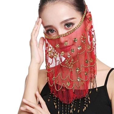 Imagem de Milageto Acessórios de véu de dança do ventre de qualidade Chiffon com lantejoulas Acessórios de para tribal lenço de cabeça, VERMELHO
