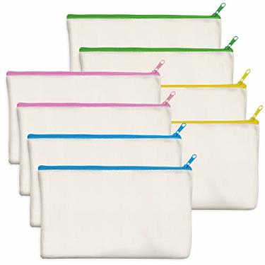 Imagem de Pacote com 15 bolsas de lona de algodão em branco DIY artesanato com zíper bolsas estojo para maquiagem cosméticos higiene pessoal armazenamento estacionário, Bege (zíper colorido), 8 Pack/8.3” x 4.7”
