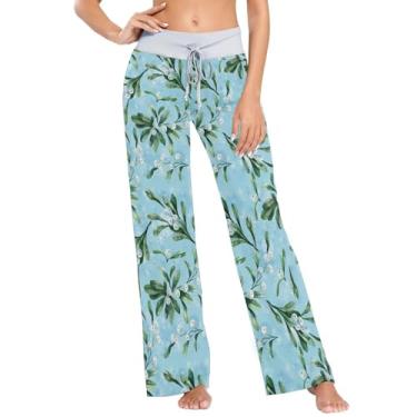 Imagem de KLL Calças de pijama de verão com ramos de visco com frutas vermelhas para mulheres calças de pijama femininas longas PP, Ramos de visco com frutas vermelhas, Small