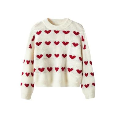 Imagem de Verdusa Suéter feminino plus size com estampa de coração, gola redonda, manga comprida, pulôver casual, Branco creme, Large Plus
