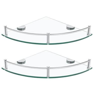 Imagem de GerayMer Prateleiras de vidro para banheiro, conjunto de 2 prateleiras de canto de vidro, prateleiras de canto de chuveiro com trilho, prateleiras de vidro flutuantes para banheiro, cozinha, sala de