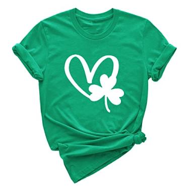 Imagem de Duobla Camiseta feminina de Dia de São Patrício com estampa de trevo e gola redonda com bandeira de trevo e gola redonda roupas casuais, A-9-verde, GG