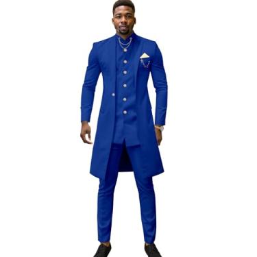 Imagem de Terno masculino slim fit com corrente de peito único blazer calça 3 peças roupa de casamento de linho roupas africanas, Azul, Small