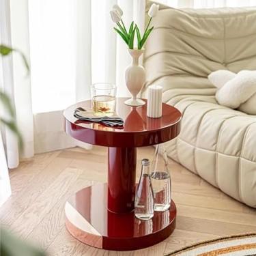 Imagem de Mesa de centro redonda, mesa de canto pequena, mesa de pedestal pequena com detalhe vintage vermelho exclusivo, para sala de jogos, varanda, mesa de cabeceira de madeira, suporte de plantas, 40 cm