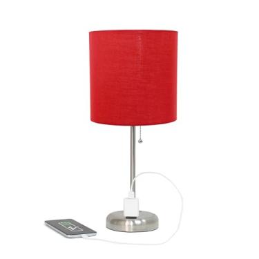 Imagem de Limelights LT2024-RED Tomada de carregamento e luminária de mesa de tecido, 49,5 x 21,5 x 21,5 cm, base de aço escovado/sombra vermelha