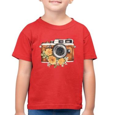 Imagem de Camiseta Algodão Infantil Máquina Fotográfica Vintage e Flores - Foca 