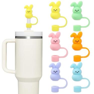 Imagem de Whaline 6 peças de tampa de palha de páscoa coelho pastel reutilizável topo de palha de silicone bonito coelho colorido 10 mm/0,4 polegadas protetor de tampa de ponta de palha para acessórios de copo