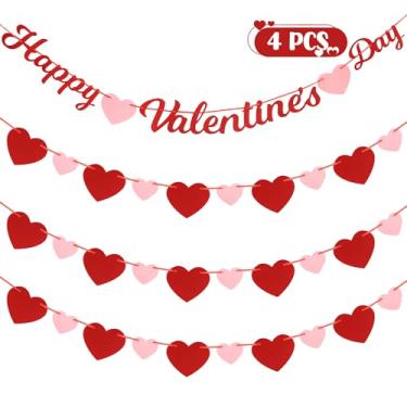 Imagem de 4 peças de banner de coração horizontal, decoração de feltro para o dia dos namorados, guirlanda de coração rosa vermelho para ambientes internos e externos, decoração de festa romântica para janela