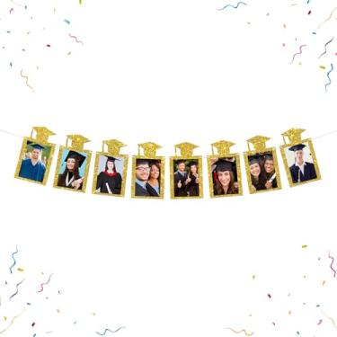 Imagem de Boné de graduação banner foto moldura de papel graduação ensino médio formatura bunting decorações parabéns graduação imagem banner dourado glitter