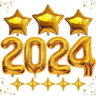 Imagem de Conjunto de Balões HiParty 2024 Dourados - 32cm com Estrelas (12 Unida