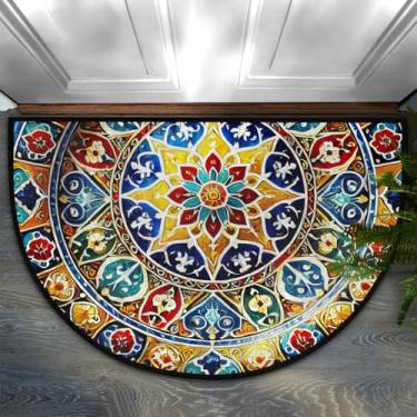 Imagem de Capacho meio redondo, mandala, étnico, boêmio, lavável, semicírculo, antiderrapante, absorvente, tapetes de meia lua, para ambientes internos e externos, cozinha, banheiro, quarto, pátio, lareira,