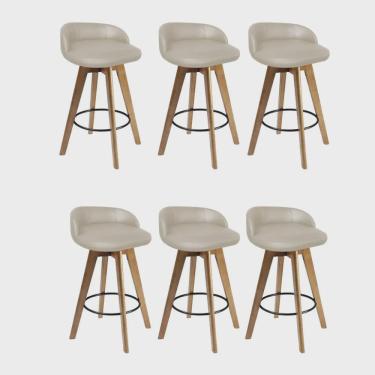 Imagem de Kit 06 Banqueta Alta Com Encosto Berlim Base Giratória Madeira Corino Bege - Ahz Móveis