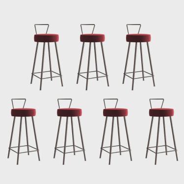 Imagem de Kit 07 Banqueta Alta Com Encosto Tais Eiffel Cozinha Bar Bistrô Ferro Marrom Suede Vermelho - Ahz Móveis