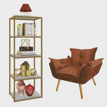 Imagem de Kit Poltrona Fatte com Estante Livreiro Ferro Dourado mdf Marmorizado Cinza Suede Terracota - Ahazzo Móveis