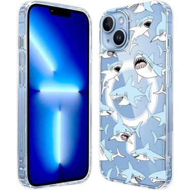 Imagem de LuGeKe Capa protetora magnética transparente para iPhone 16 Pro Max compatível com Magsafe, estampa de tubarão azul fina à prova de choque para iPhone 16 Pro Max mulheres meninas